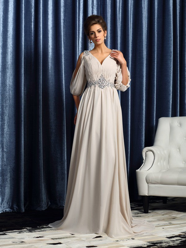 Robe longue de mère de la mariée en mousseline de soie, col en V, perles, manches 1/2